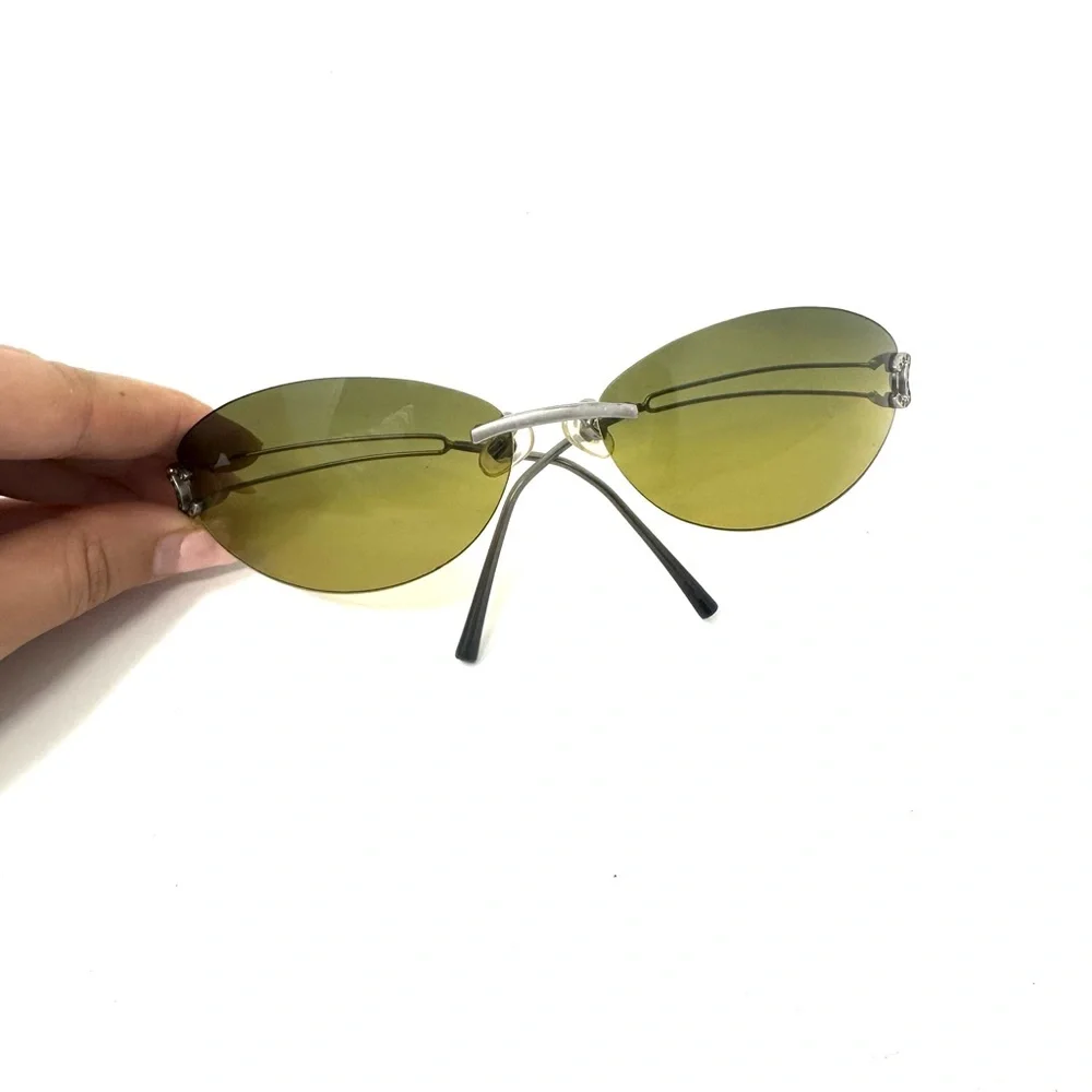 Chanel CC 90’s Vintage Khaki Olive Green Logo Rimless Sunglasses